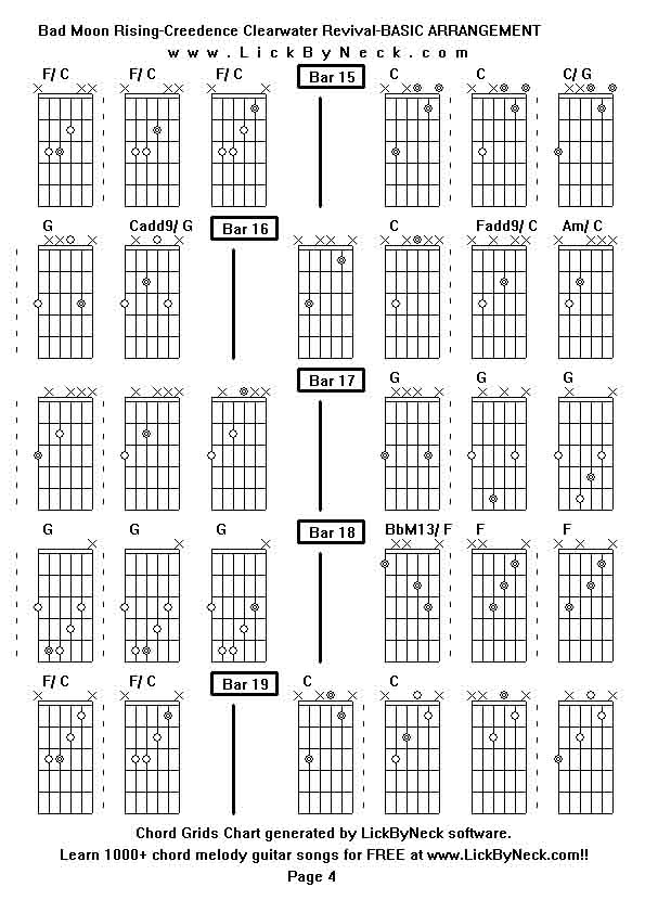 Chord Grids Chart of chord melody fingerstyle guitar song-Bad Moon Rising-Creedence Clearwater Revival-BASIC ARRANGEMENT,generated by LickByNeck software.